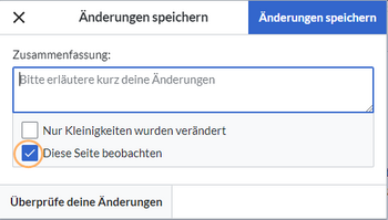 Screenshot des Speicher-Dialogs mit hervorgehobener Beobachtungs-Checkbox