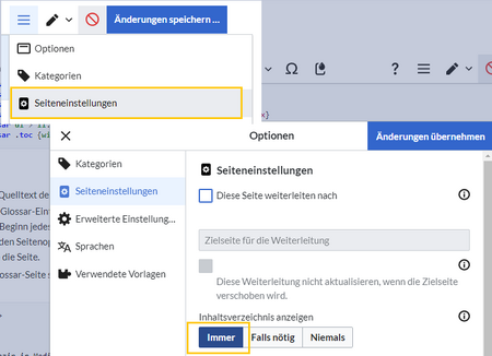 geöffnetes Seitenoptionsmenü