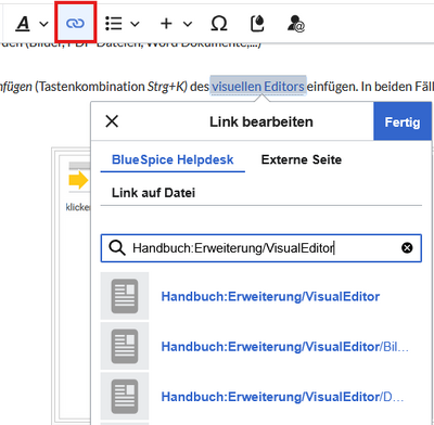Geöffnetes Link-Dialogfeld mit Link auf die Seite VisualEditor