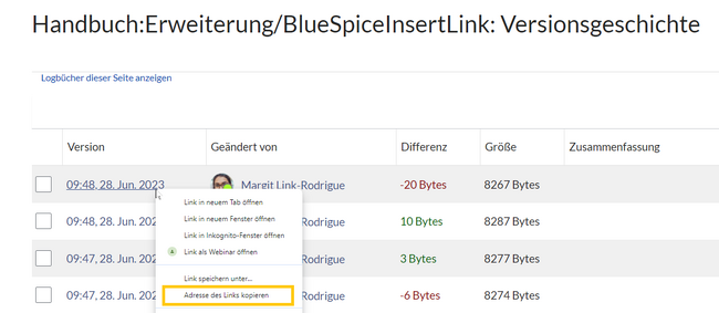 Geöffnetes Kontexmenü einer Version in der Versionsgeschichte
