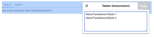 Inspector window with two example pages transcluded in two tabs