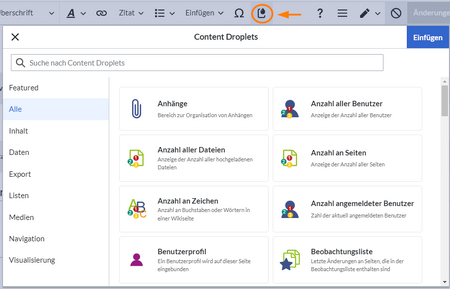 Screenshot des Menüs für Content Droplets