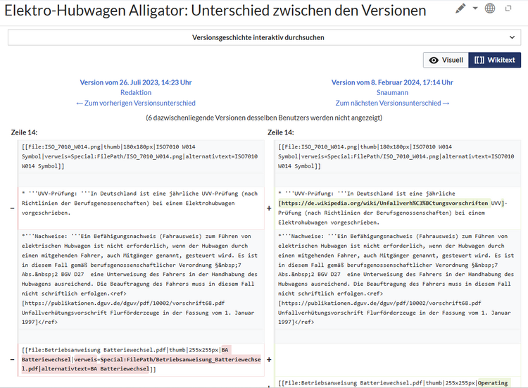 Vergleich der geänderten Abschnitte zweier Versionen im Wikitext.