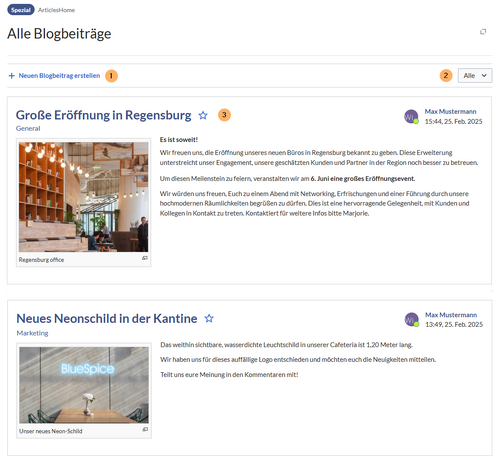 Spezialseite „ArticlesHome“ mit jeweils zwei Blogbeiträgen mit Text und Foto.