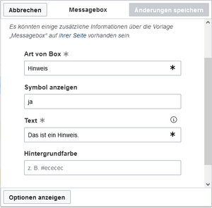 Bearbeitungsdialog der Vorlage