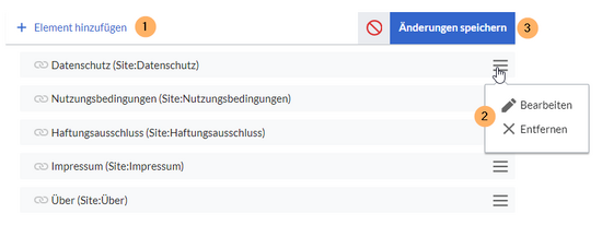 Editor mit bestehenden Elementen in der Fußleiste und hervorgehobenen Bearbeitungsfunktionen.