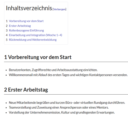 Beispieltext einer Onboarding-Wikiseite mit zwei nummerierten Überschriften