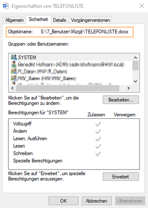 Dailogfeld "Eigenschaften" einer Datei auf einem Netzwerklaufwerk