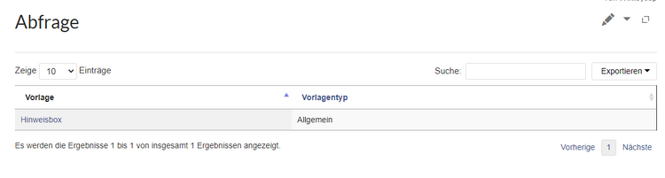 Tabellarische Ausgabe der Vorlagen