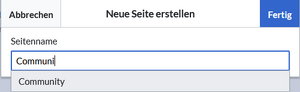 Dialogkasten mit gewünschtem Seitennamen "Community"