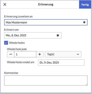 Erinnerungsdialog auf einer Seite für Max Mustermann
