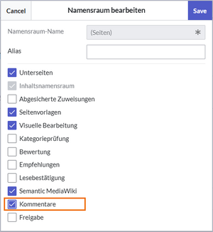 Namensraumeinstellungen mit aktivierter Kommentarfunktion