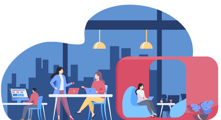 Abstrakte Illustration von 4 Personen in einer modernen Büroumgebung