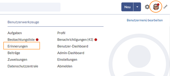 Benutzermenü mit hervorgehobenem Link zur Seite "Meine Erinnerungen"