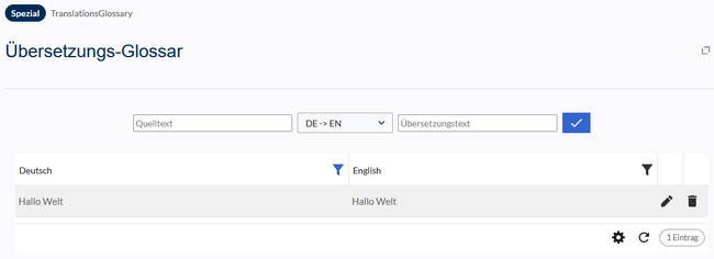 Spezialseite Übersetzungsglossar mit einem Eintrag