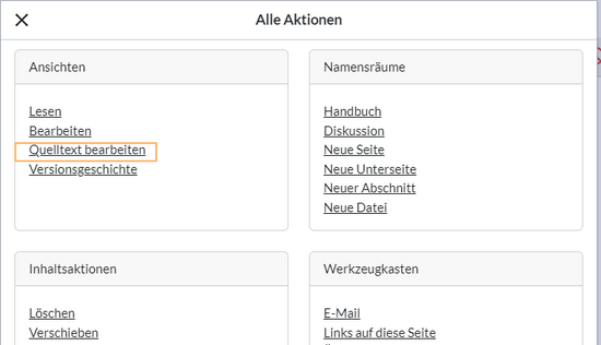 Dialogfenster "Alle Aktionen" mit hervorgehobenem Link zur Quelltextbearbeitung