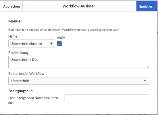 Dialogfenster mit den Parametern für den Workflow "Unterschrift"