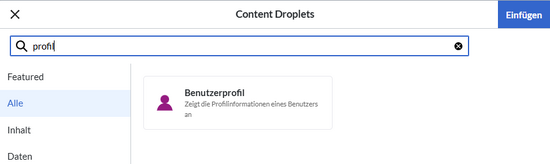 content droplet menu with Nutzerprofil droplet shown