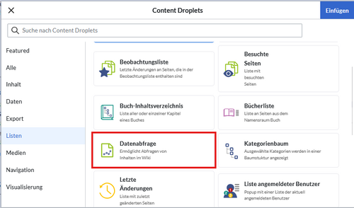 Screenshot der Content-Droplet-Auswahl für „Listen“