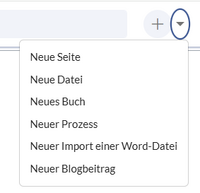 aufgeklapptes menü zum Anlegen neuer Seiten