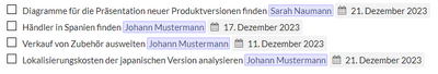 Beispiel mehrerer Aufgaben mit Checkbox, zugewiesenem Benutzer und Datum