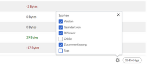 Letzte Reihen der Versionsgeschichte mit geöffnetem Spaltenmenü
