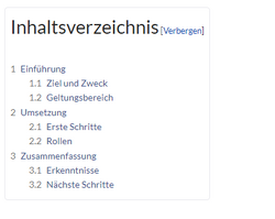 Standard-Darstellung eines Inhaltsverzeichnisses mit zwei Ebenen