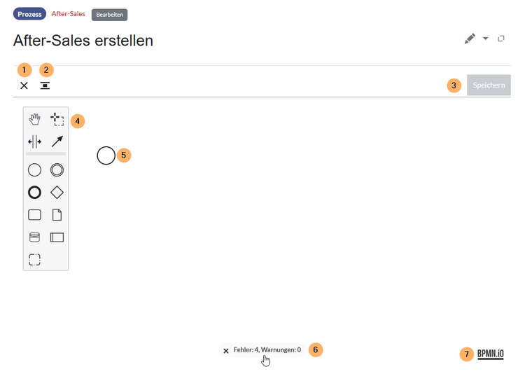 7 highlighted elements of the editor interface annoted in table below