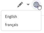 Globus-Symbol mit Untermenü-Links zu englischen und französischen Übersetzungen