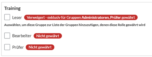 Standardansicht der Verrechtung des Namensraums Training für authentifizierte Benutzer