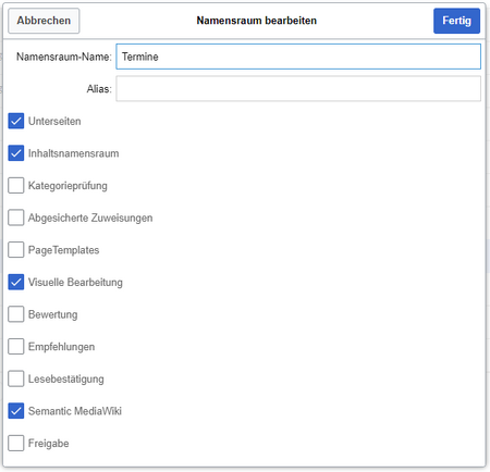 Event Namensraum mit Einstellungen