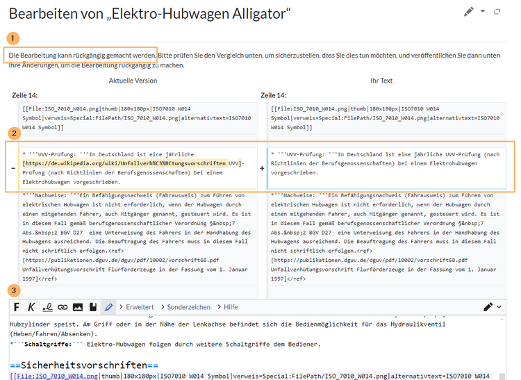Markierte Diff-Ansicht der aktuellen mit der Rücksetzungsversion