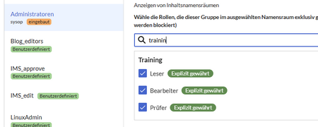 Trainingsnamensraum mit den ausgewählten Rollen für die Gruppe "Administrators"