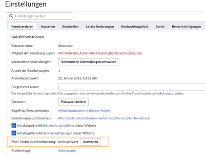 Seite für die Benutzereinstellungen