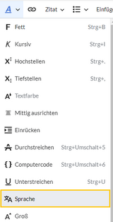 Textformatierungsmenü mit hervorgehobenem SMenüpunkt "Sprache"