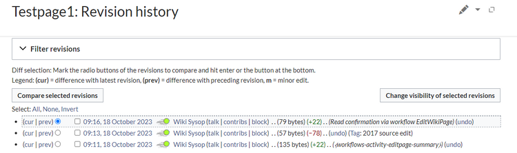 Screenshot der Versiongeschichte der Seite Testpage1