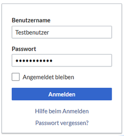 Login Formular ausgefüllt für den Benutzer Testbenutzer
