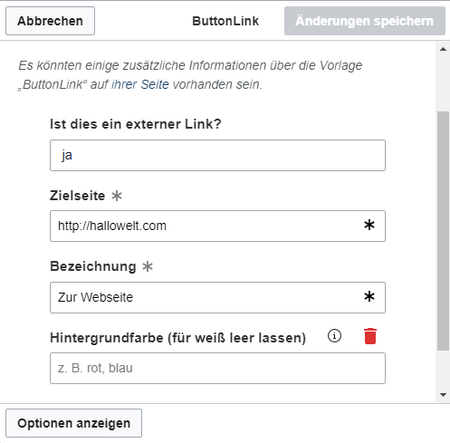 Eingabefelder Vorlage Button-Link