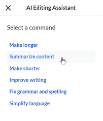 List of 6 available AI prompts. Selected is "Summarize content"