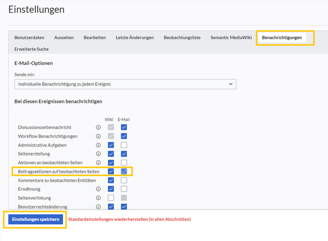Benachrichtigungs Einstellungen mit Juckboxes