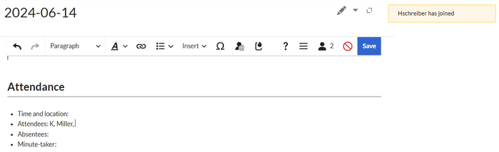 alert message for newly joined user in a meeting minutes edit session
