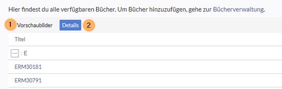 Screenshot der Reiter auf der Bücherregal-Seite