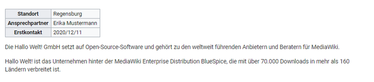 Standard-Tabelle einer semantischen Vorlage