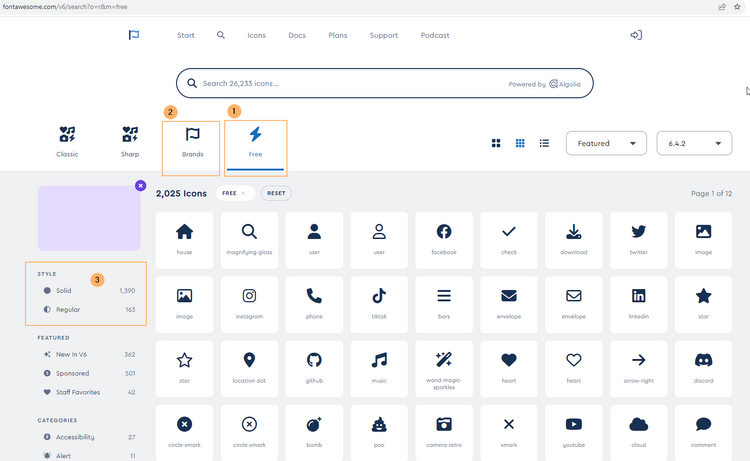 Screenshot der FontAwesome Icons-Übersicht, gefiltert für Icons vom Typ "Free"