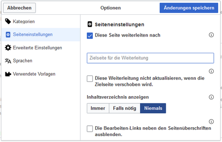 Seiteneinstellung zur Erstellung einer Weiterleitung