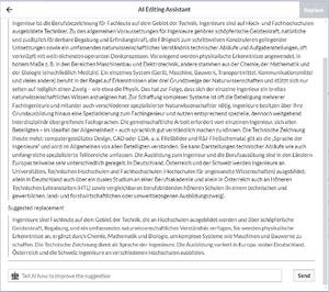 Der KI-Dialog zeigt einen Text über Ingenieure und den Vorschlag einer vereinfachten Version des Textes mit 5 Sätzen
