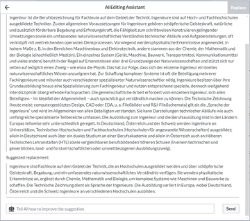 Der KI-Dialog zeigt einen Text über Ingenieure und den Vorschlag einer vereinfachten Version des Textes mit 5 Sätzen