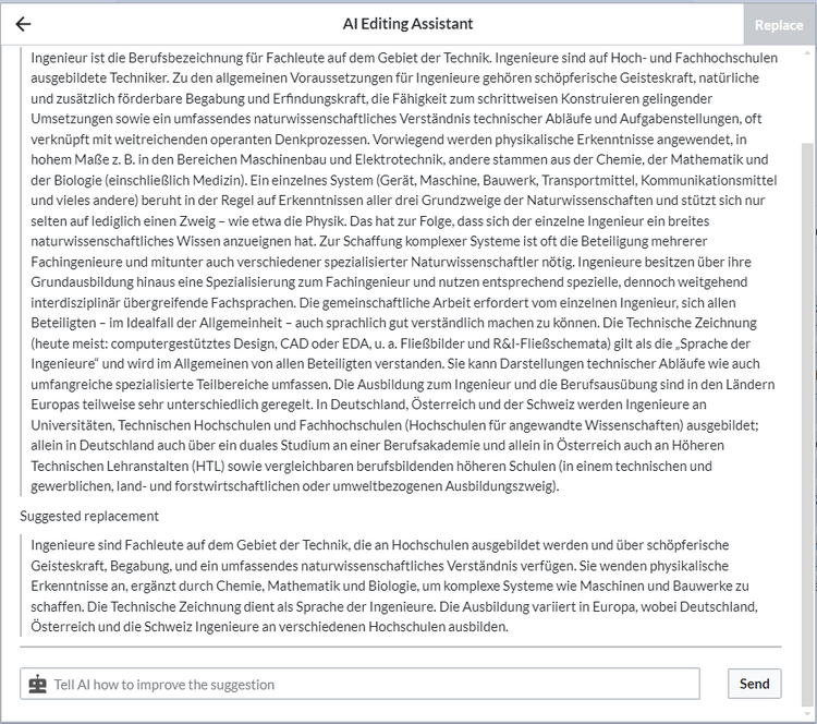 AI assistent with summarized content suggestion and additional field to ask for an improvement