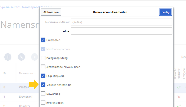 VisualEditor im Namensraum aktivieren