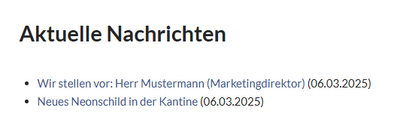 Liste von Blogbeiträgen mit der Überschrift „Neueste Nachrichten“ und zwei verwandten Beiträgen